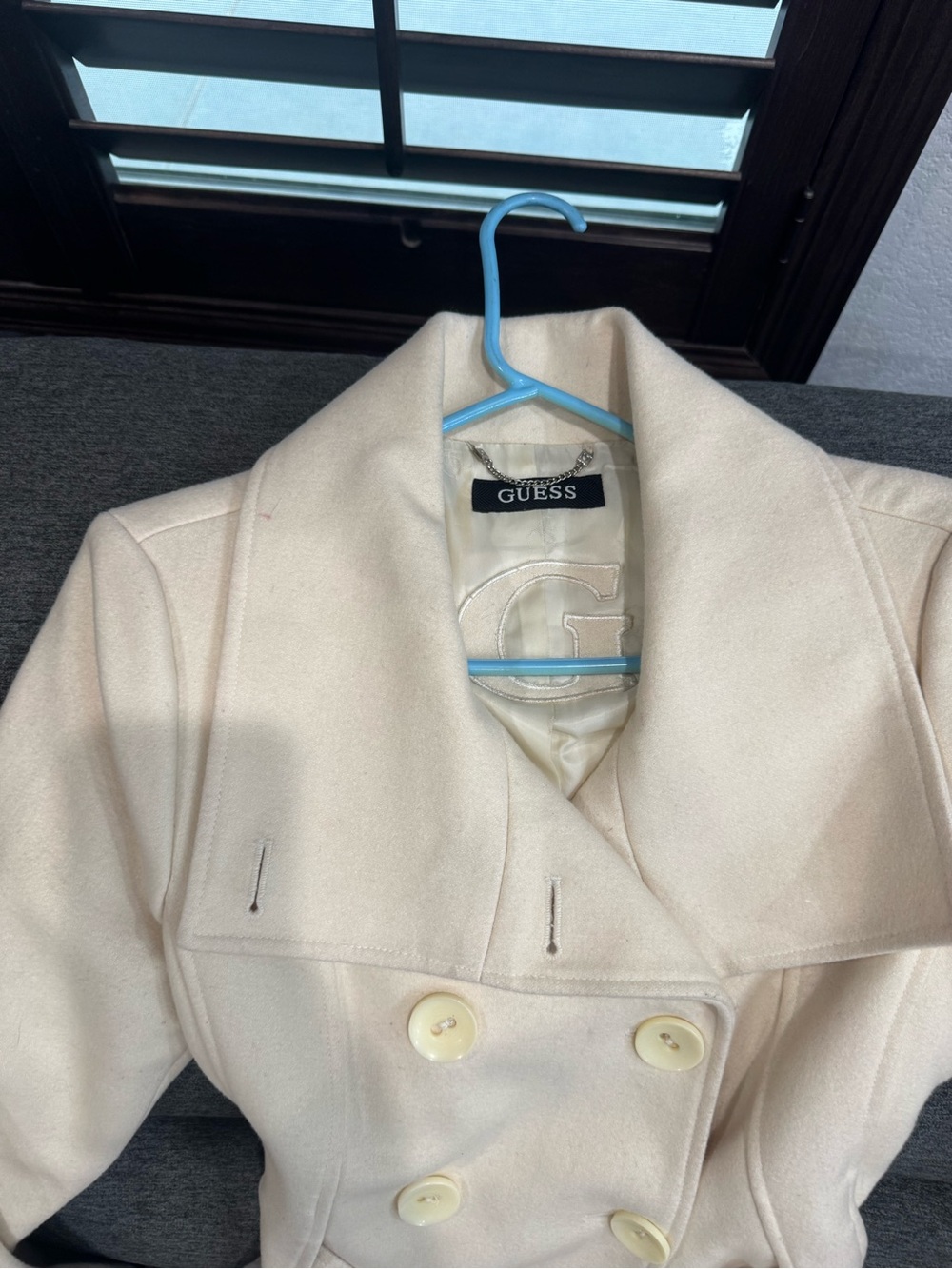 GUESS Cream Double-Breasted Pea Coat with Wide Collar